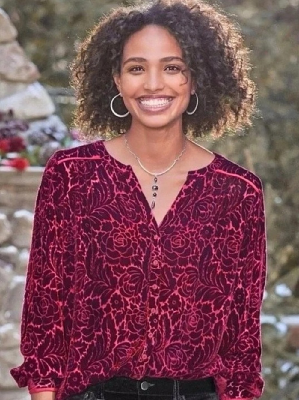 Sundance Burgundy Velvet Burnout Silk Blend Button-Down Shirt, Large